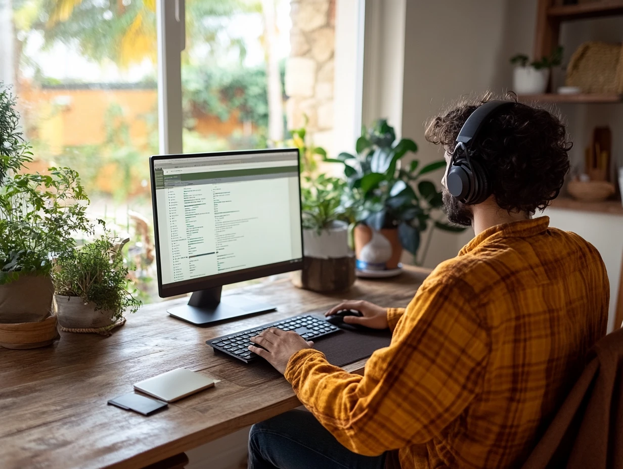 Man wearing headphones sitting at a desk, working on his computer