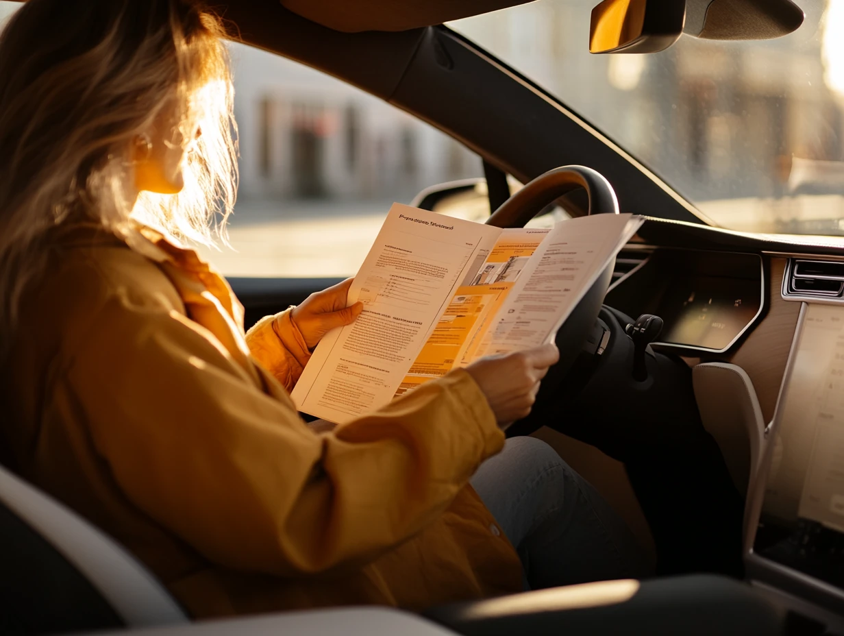 Woman reading instructions in a car