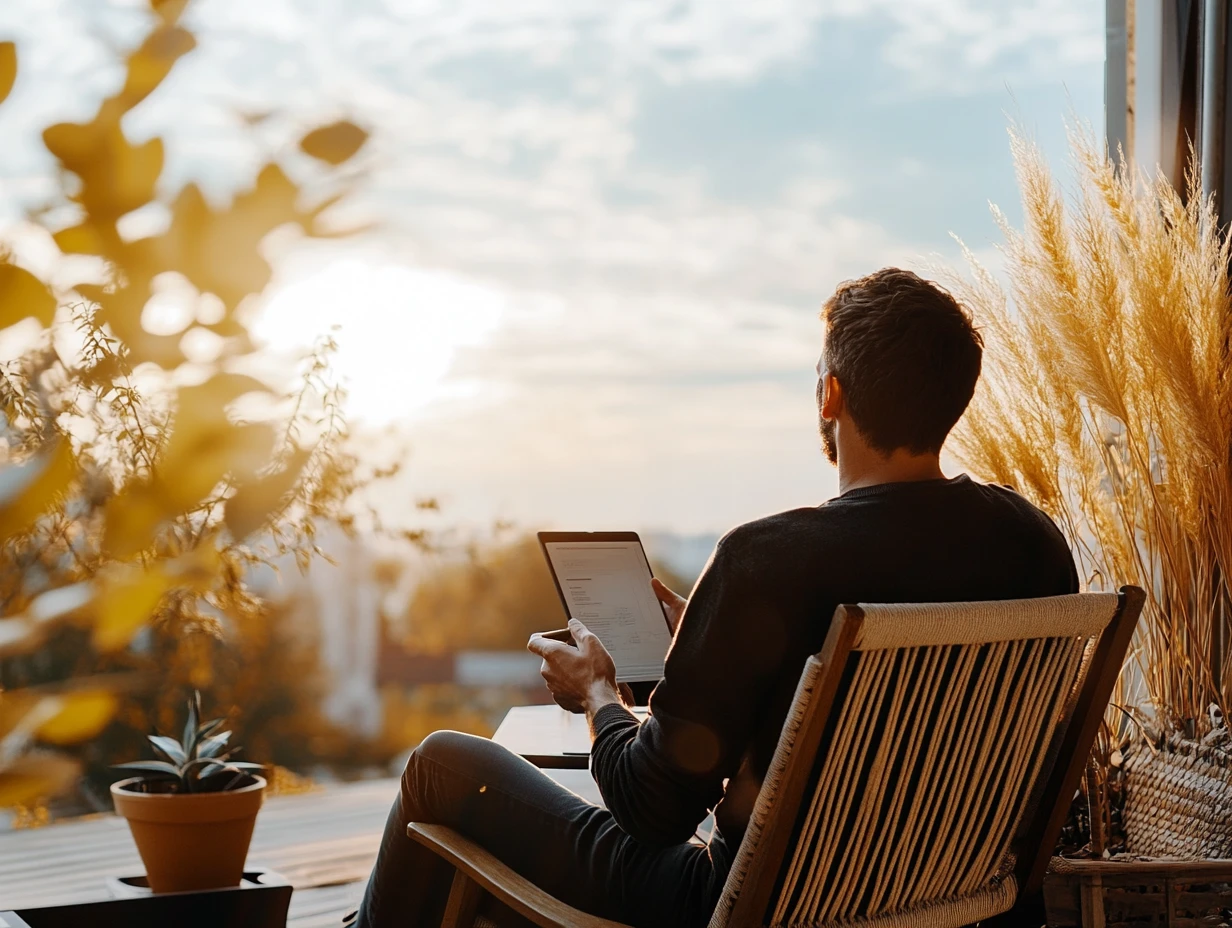 Man sitting on a chair outside using tablet