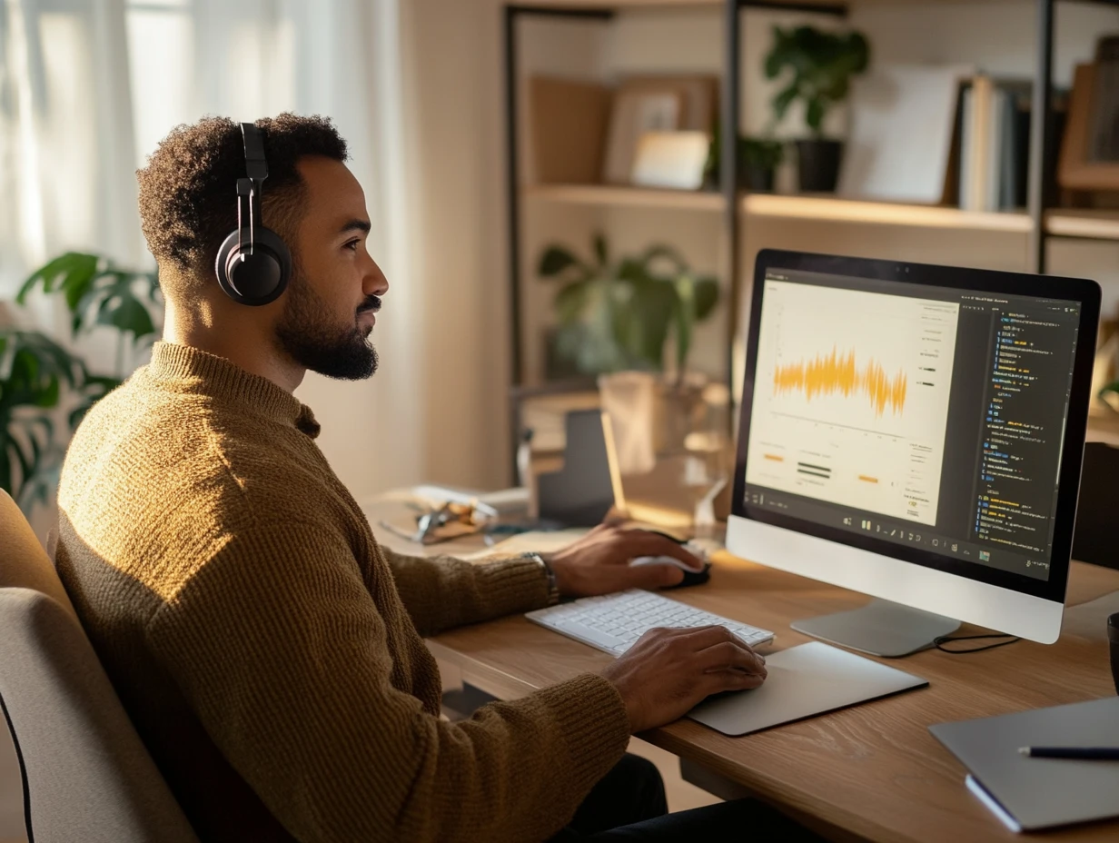 Man wearing headphones sitting at a desk, looking at data visualizations on a screen