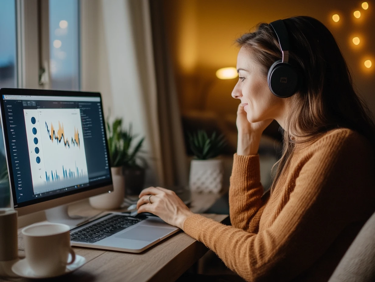 Woman wearing headphones sitting at a desk, looking at data visualizations on a screen