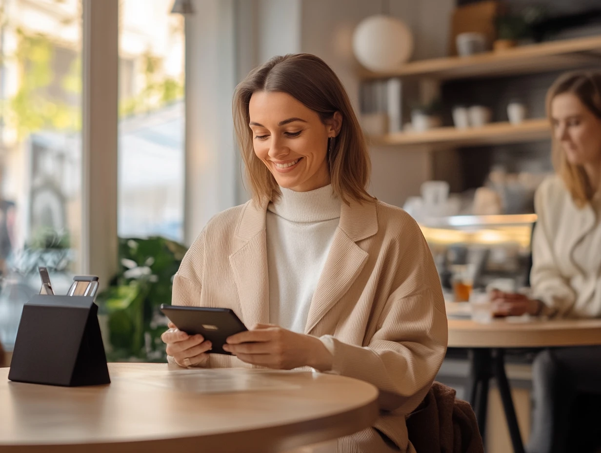 Happy woman sitting in cafe looking at a tablet