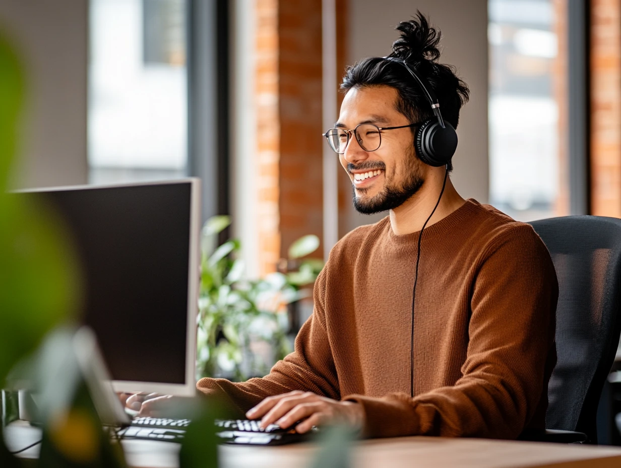 Man in brown sweater sitting at desk wearing headphones smiling at computer