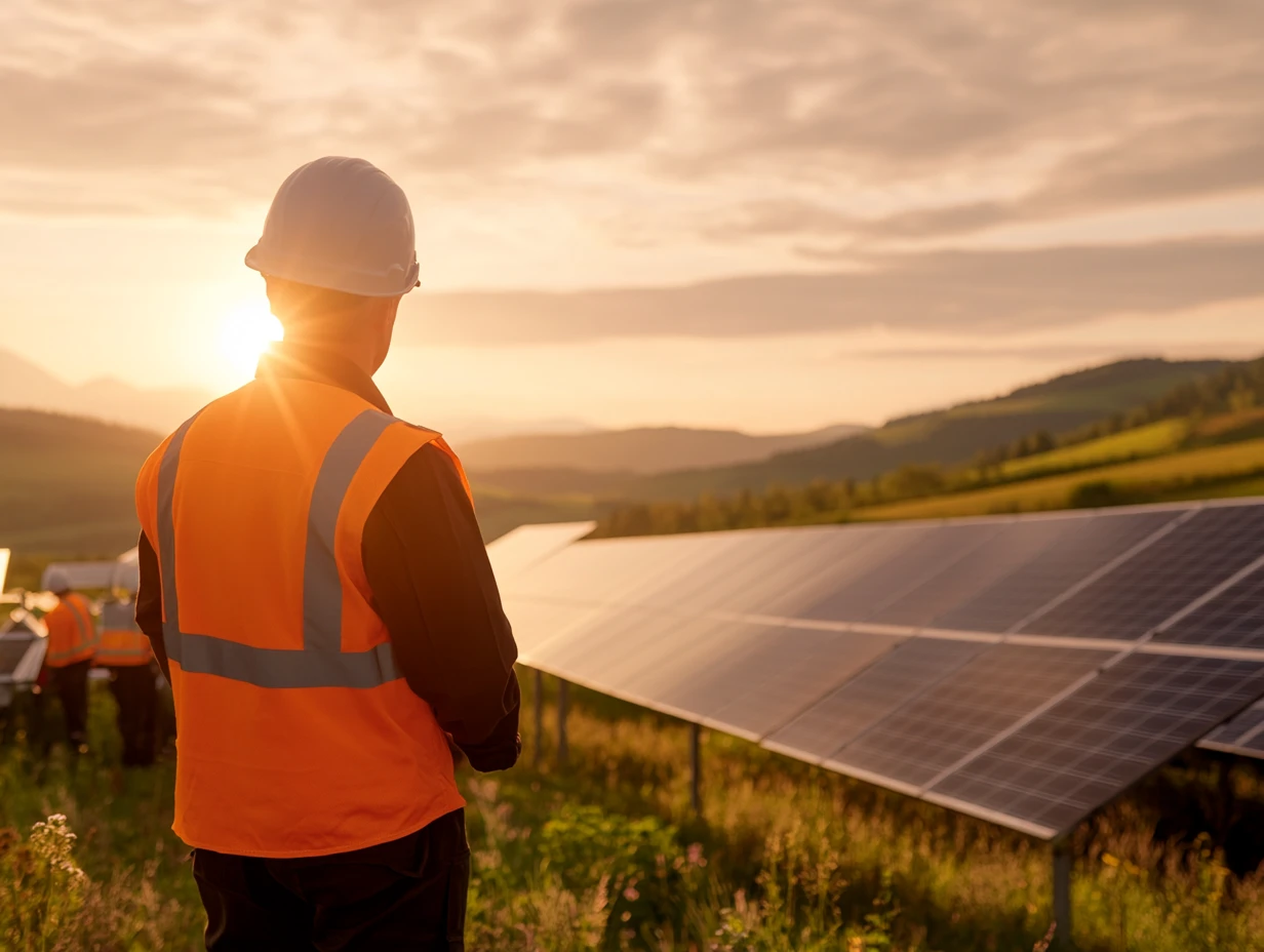 Engineer looking at solar panels