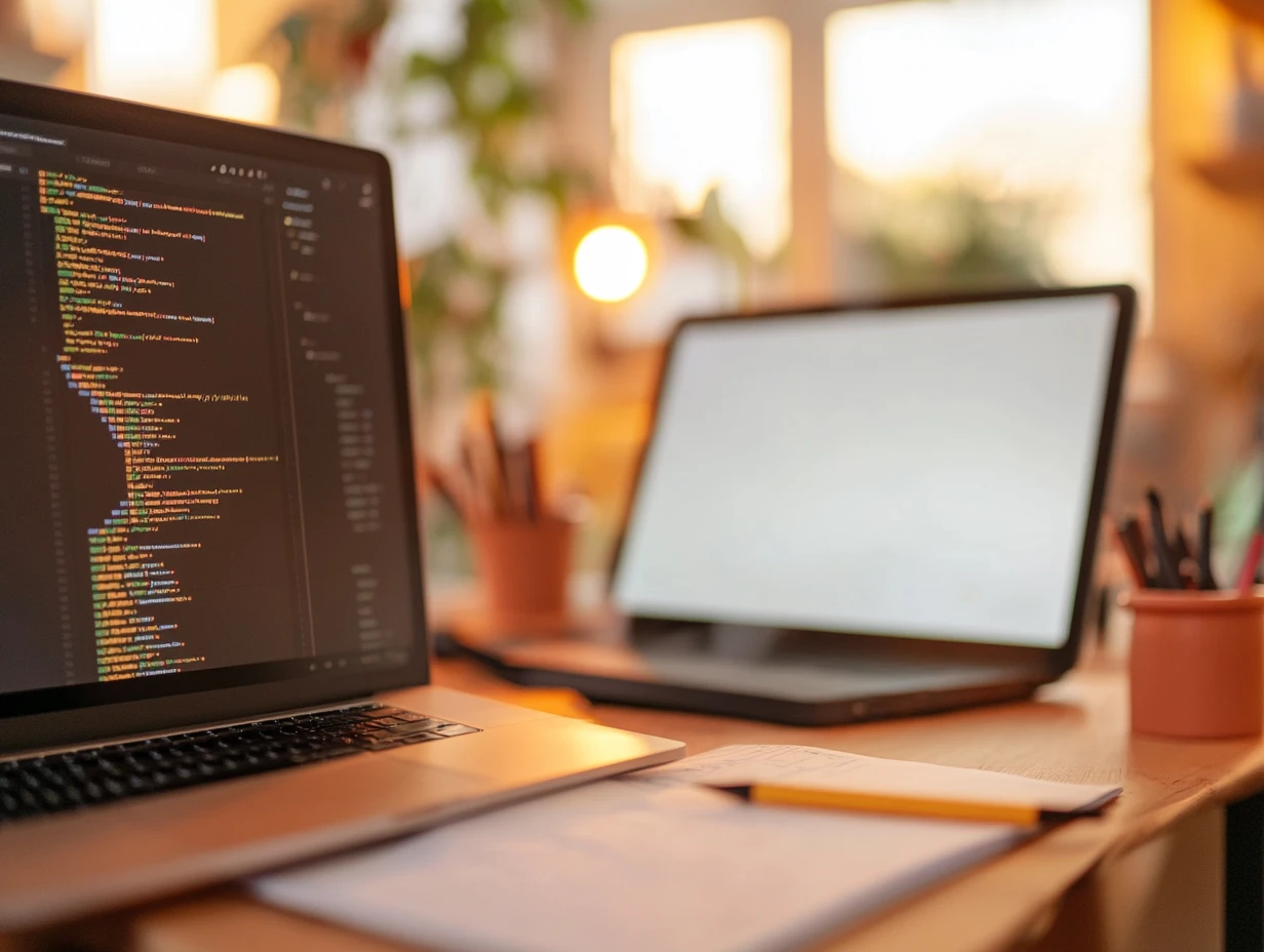 Two laptops on a desk with a notebook and pencil, in an office lit by golden hour sunlight