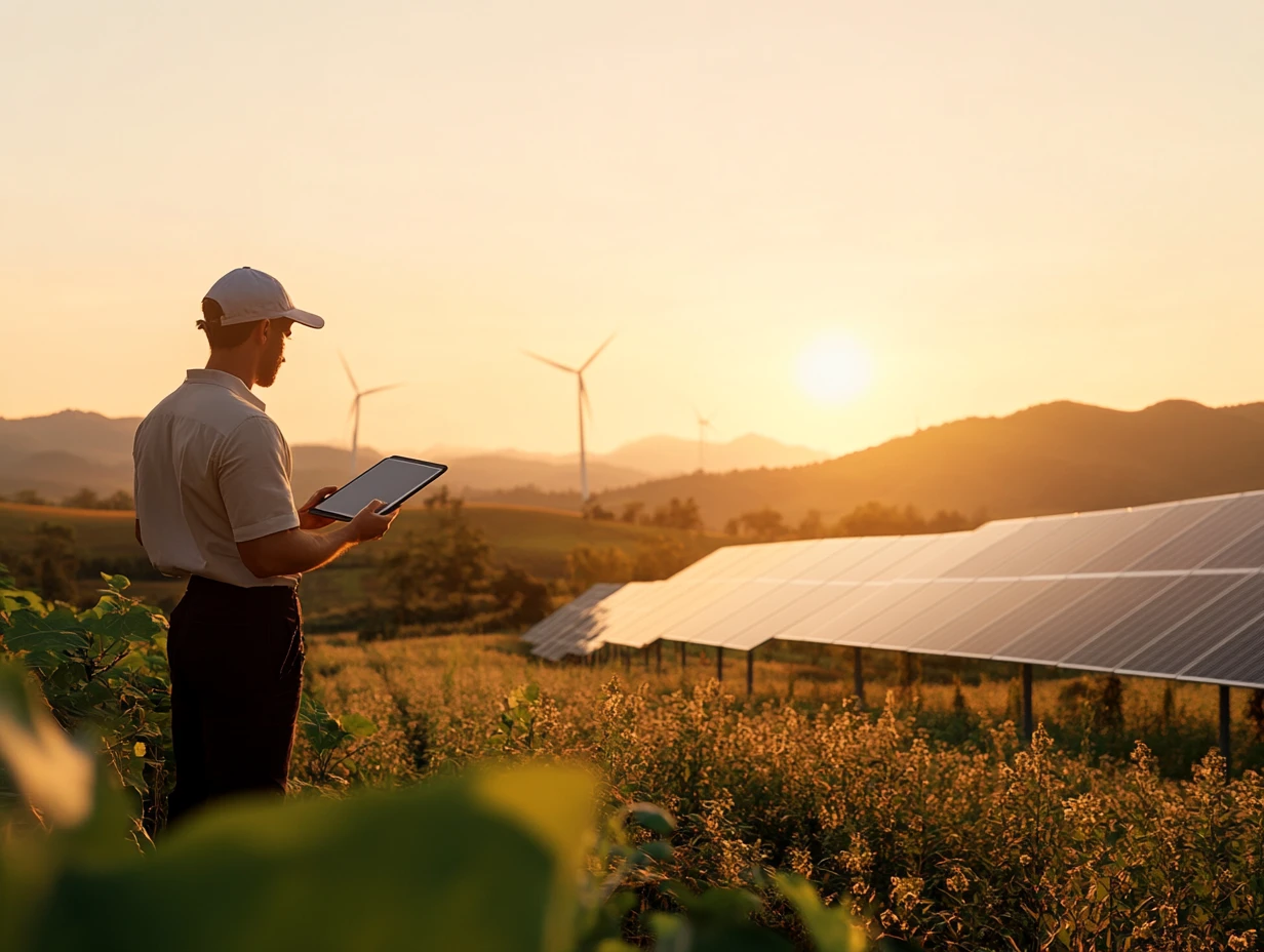 Engineer working on solar panels, holding a tablet