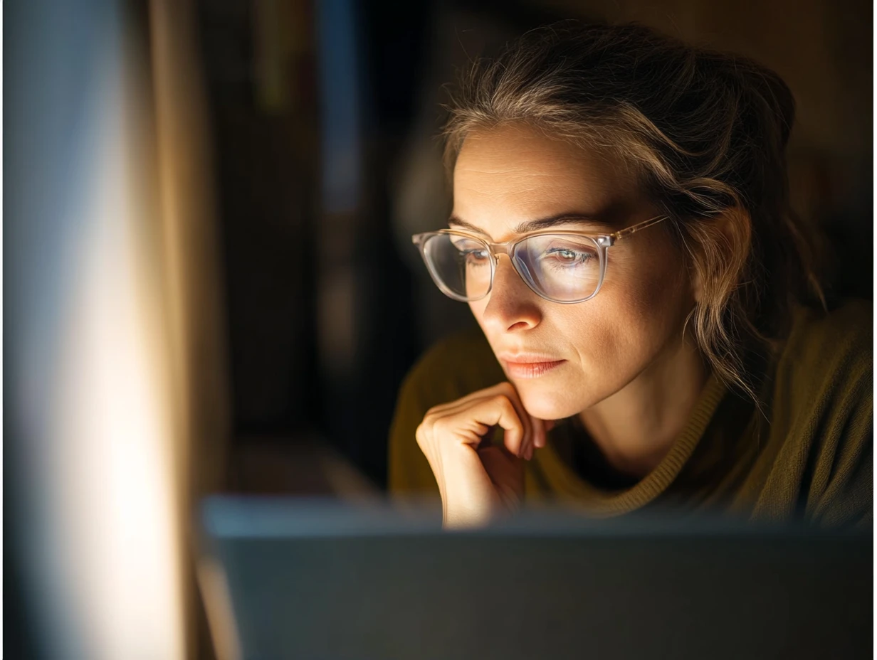 Woman wearing glasses looking at a computer screen