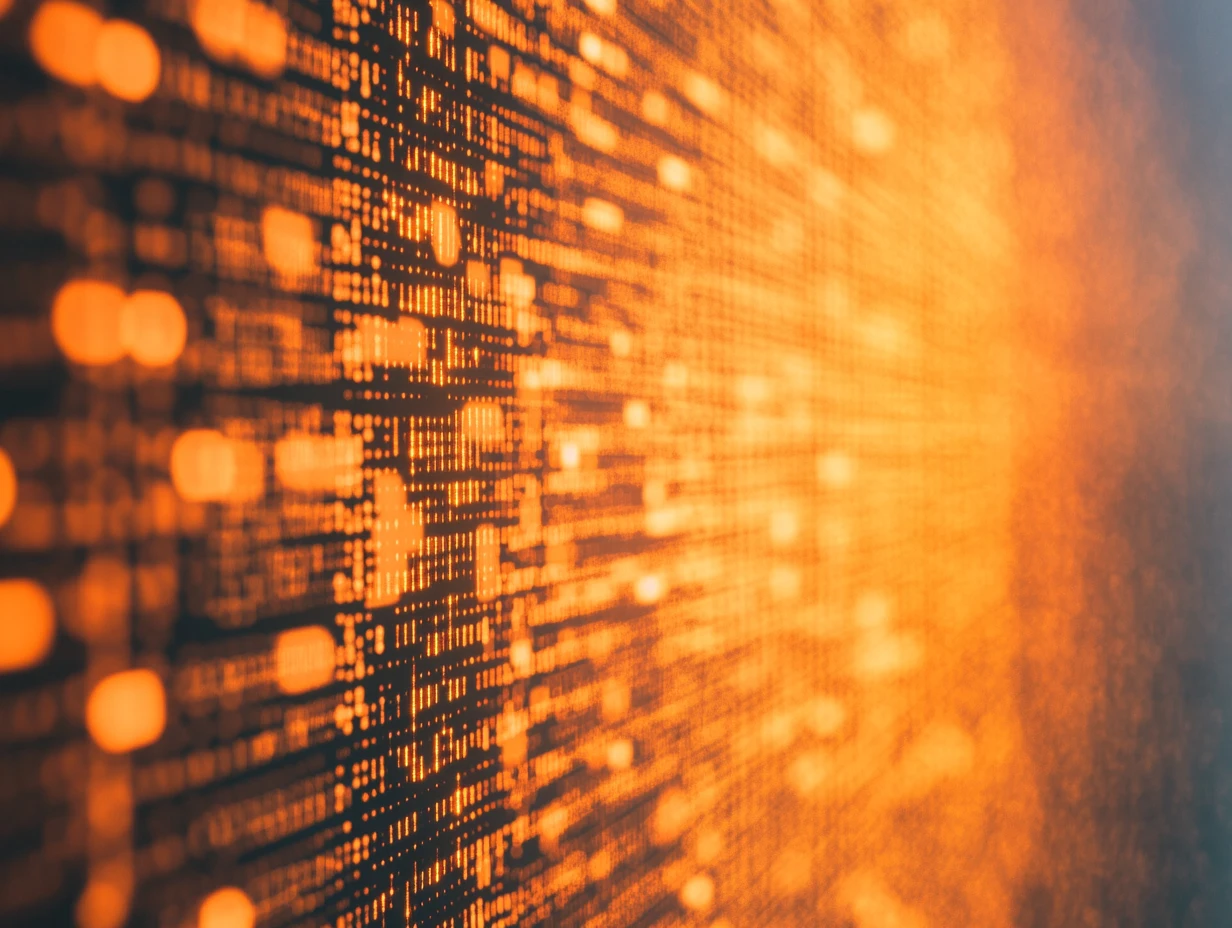 Orange glowing code on a dark blue background 