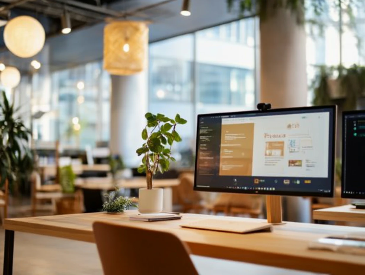 Computer at an empty desk at an open concept office