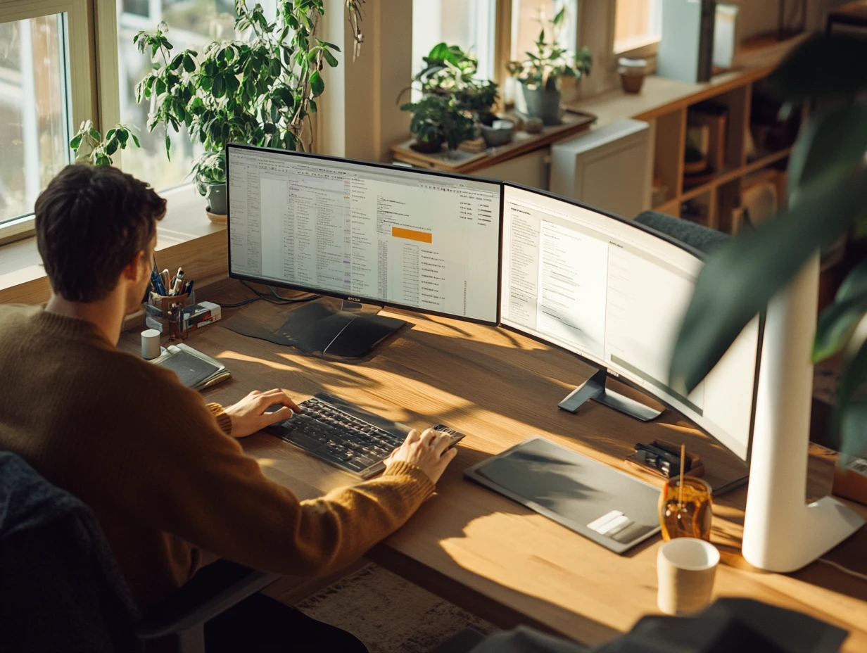 Man working at desk with two screens in front of him