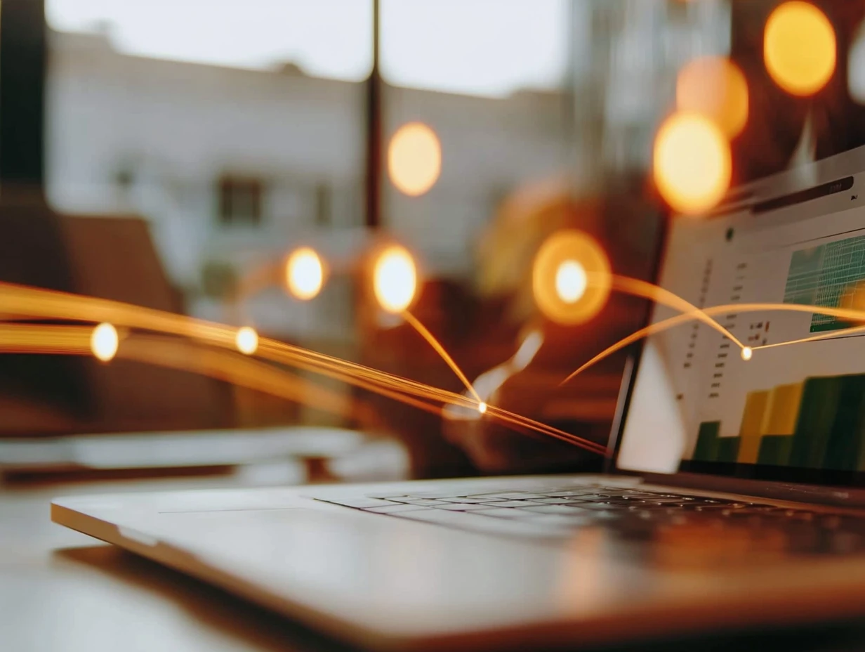 Light beams extending from a laptop displaying data charts and points on the screen