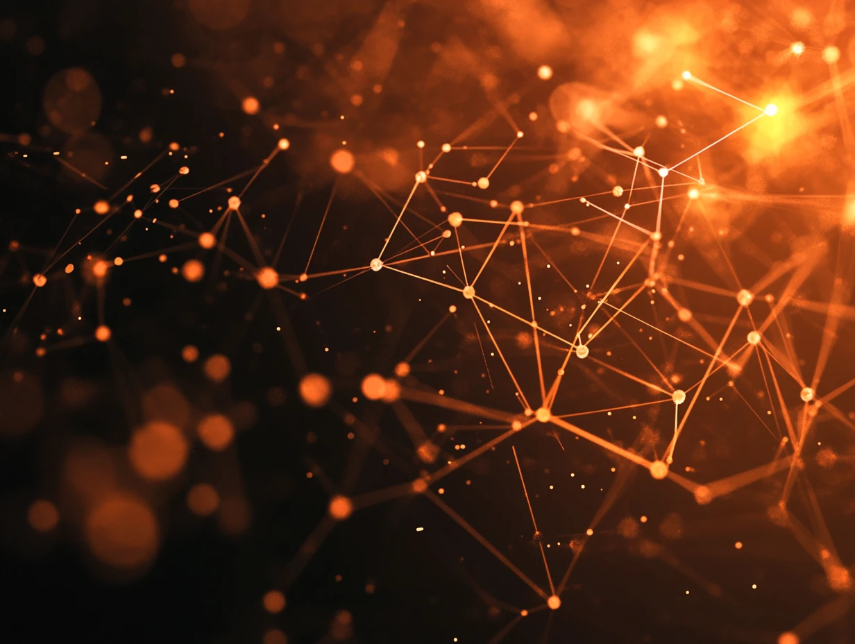 Orange lines and dots on a dark blue background representing digital connectivity