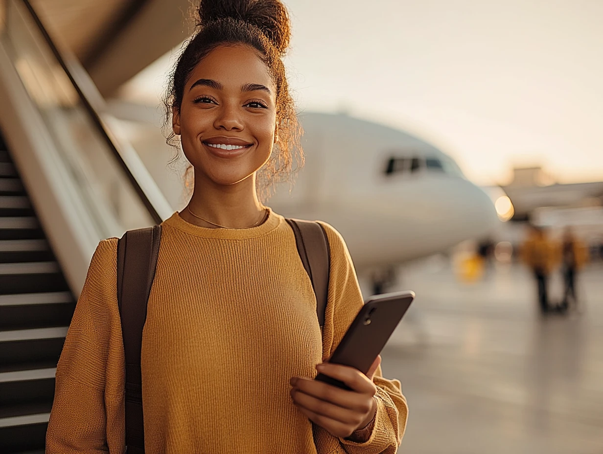 Girl in yellow sweater standing in airport in front of plane holding laptop