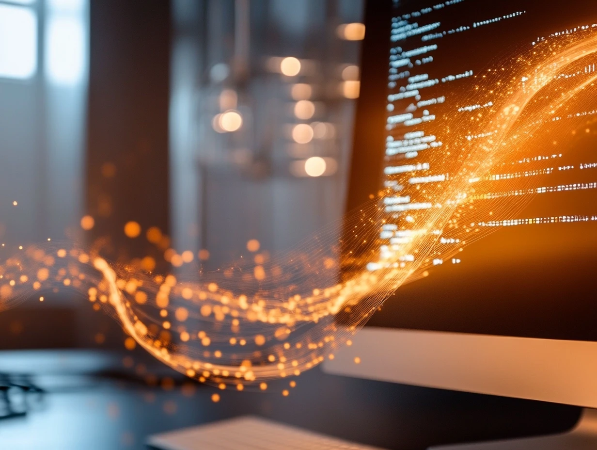 Glowing orange stream emerging from a computer screen with code on it, representing translation technology