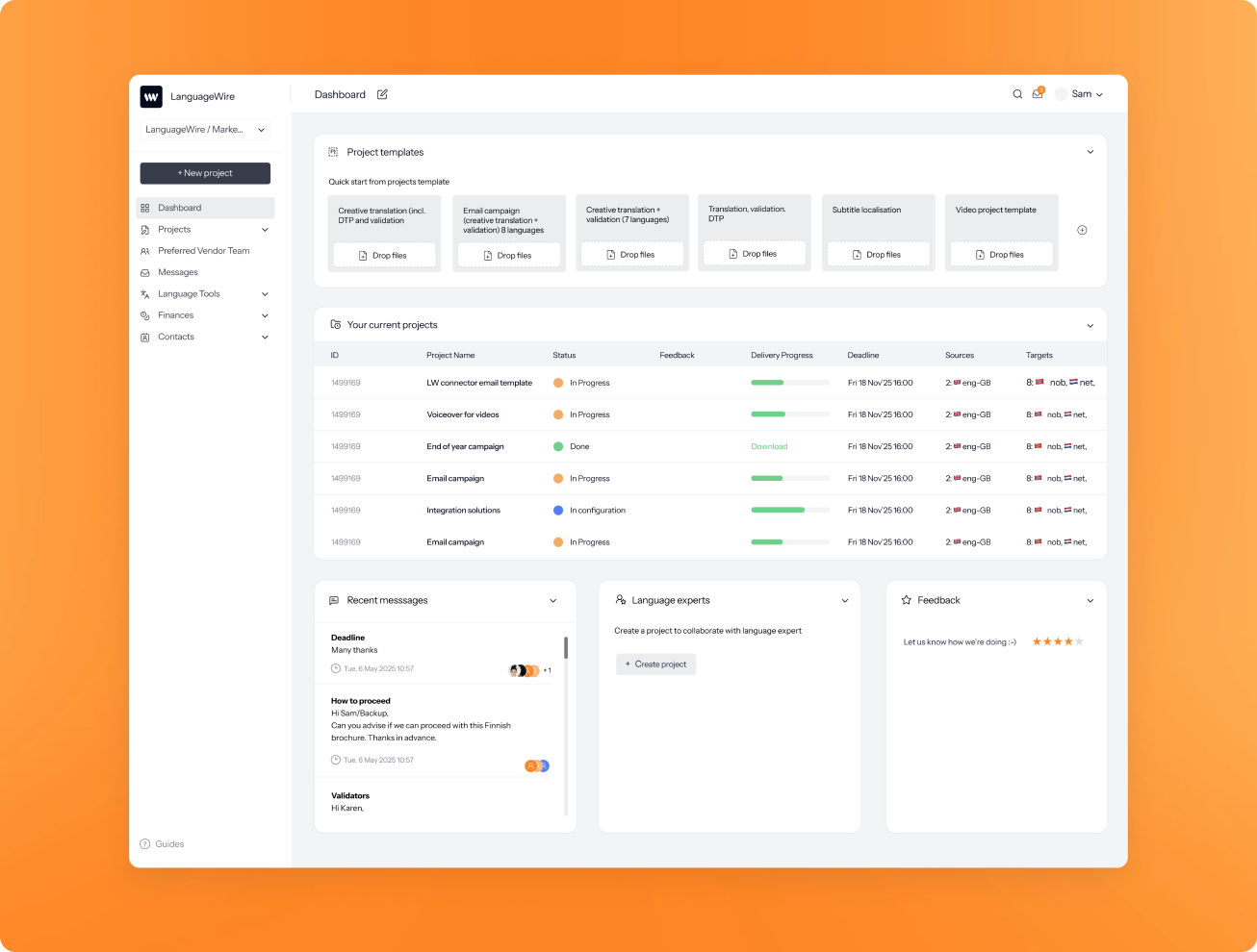 UI of LanguageWire's TMS dashboard showing messages, project overview and templates an orange gradient background