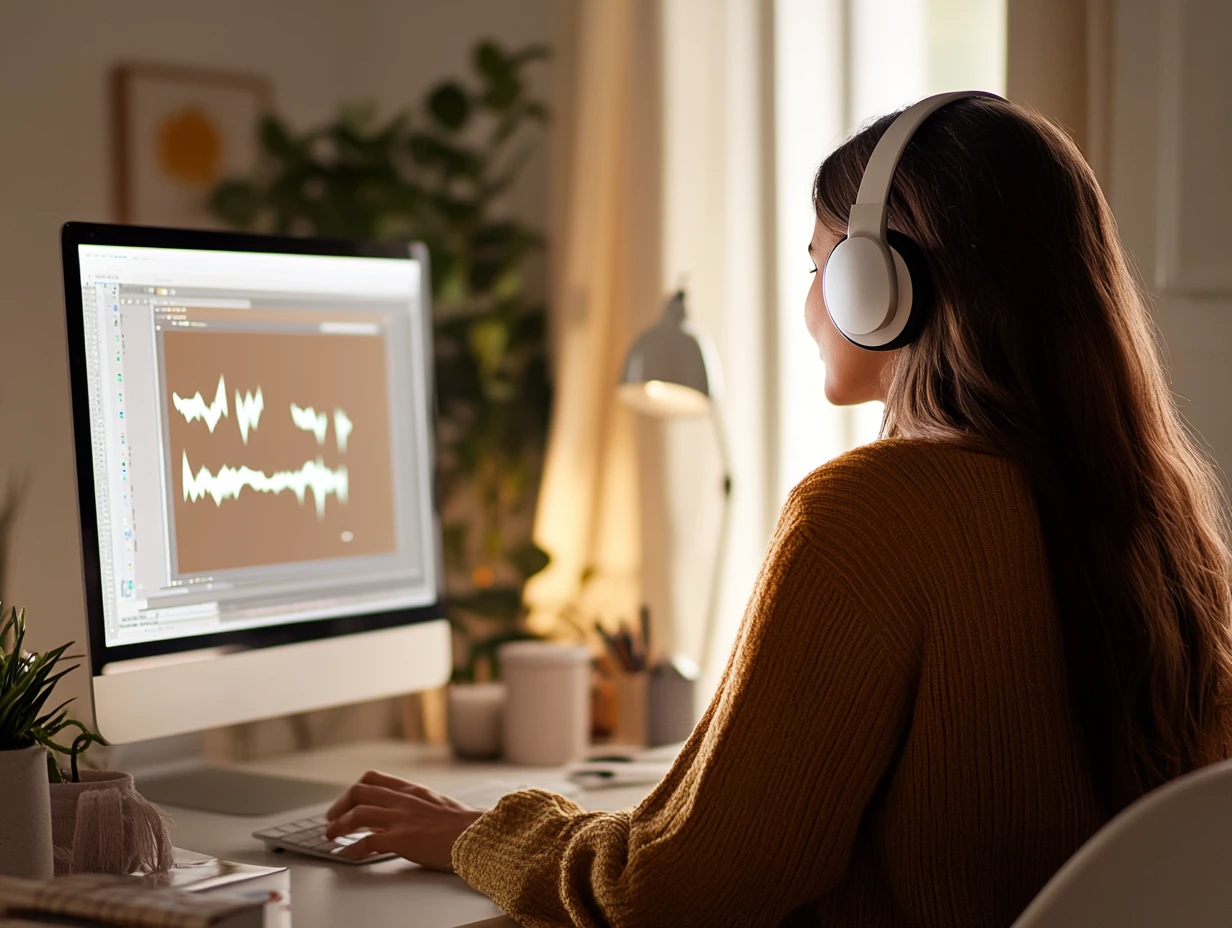 Woman wearing headphones sitting at a desk, looking at her screen