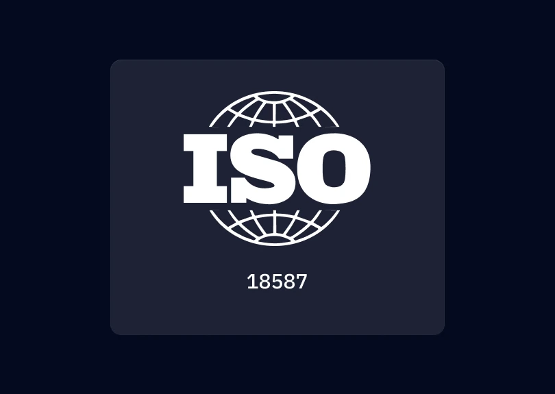 A white ISO logo with "18587" written underneath on a dark blue background