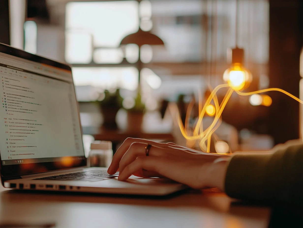 Hands typing on a laptop orange glow next to them symbolizing technology flow