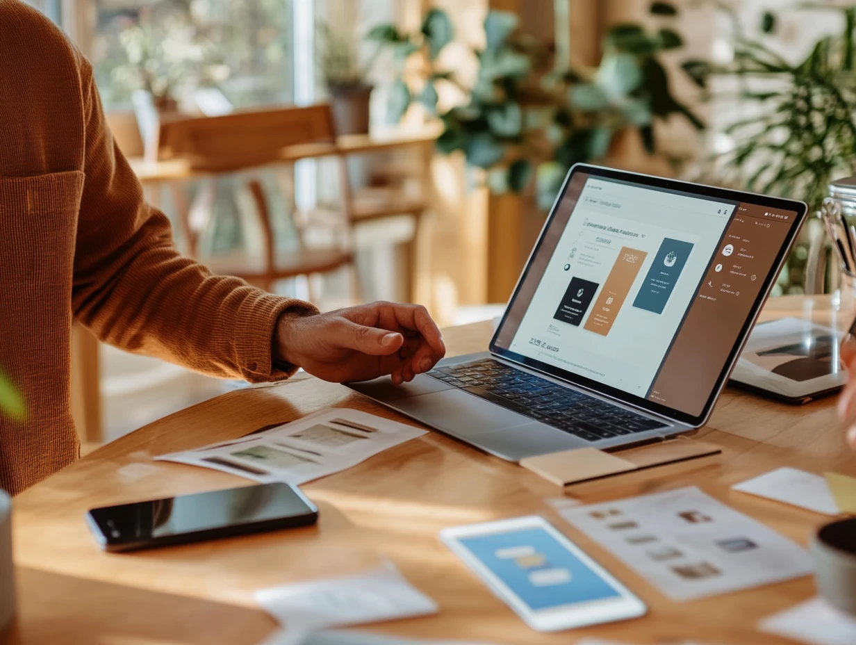 Man standing by laptop that is showing boxes of data