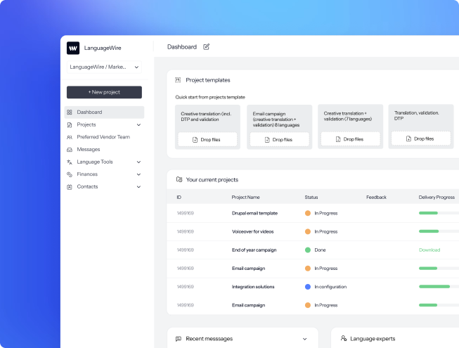 UI of LanguageWire's TMS dashboard showing messages, project overview and templates a blue gradient background