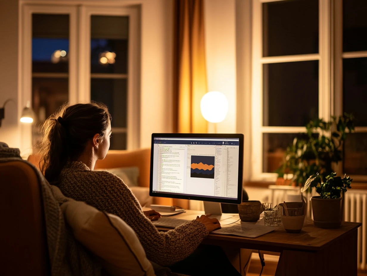 Woman sitting at a desk, looking at her screen by night