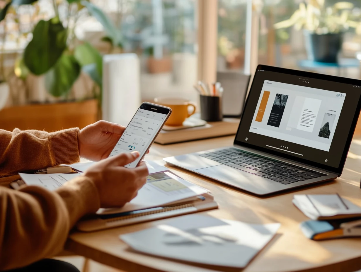 Female hands holding a phone at a table that has a laptop on it