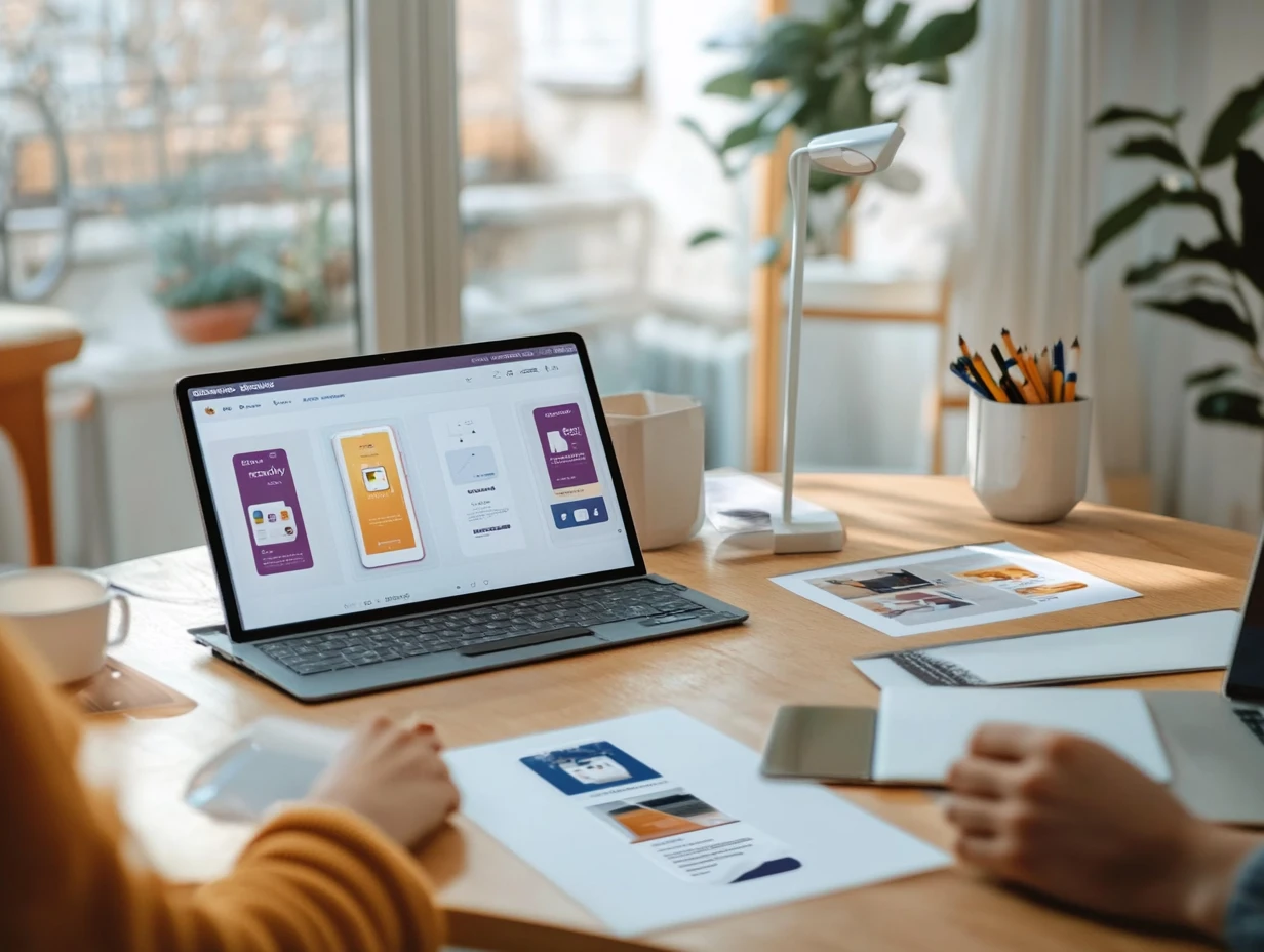 Graphic designer showing her client designs on her laptop