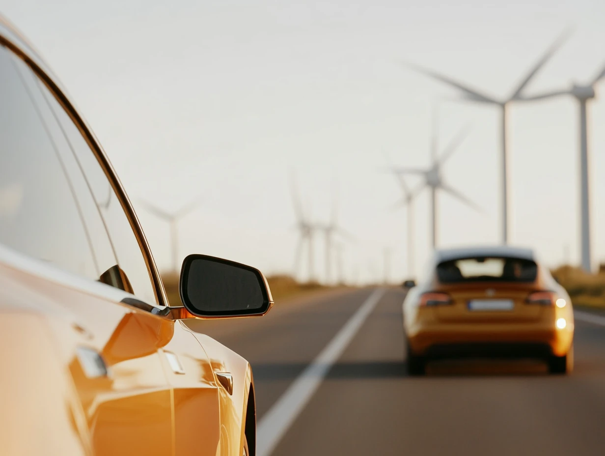 Cars driving on country road with wind turbines 